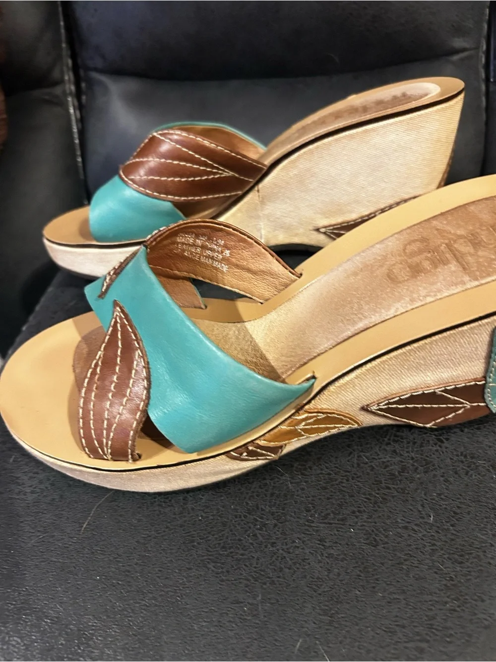 Rare! Indigo by Clark Wedge Slide Sandals in Teal and Brown Size 8